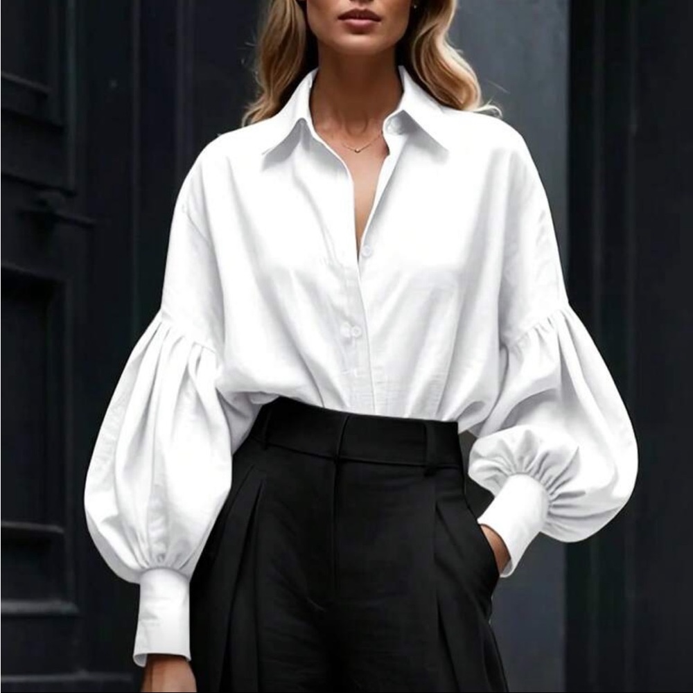 Classic Blue Balloon Sleeve Button-Down Shirt Top Blouse - Picture 5 of 6